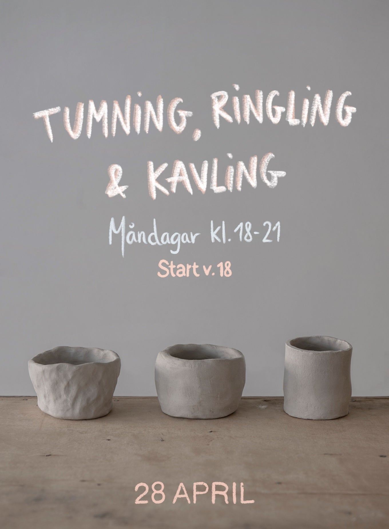 Keramikkurs med tumning, ringling och kavling. Kvällkurs i keramik start v.18 våren 25